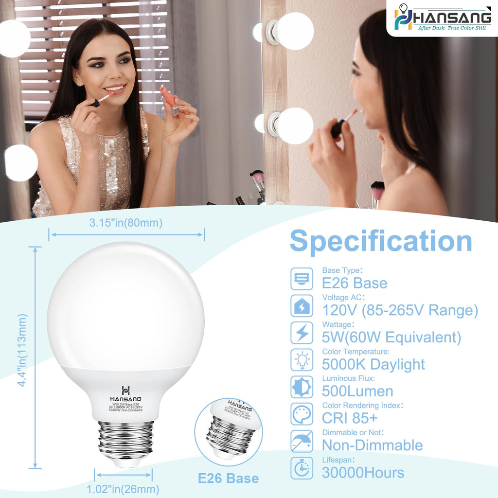 hansang Vanity Light Bulb 5000K Daylight 8 Pack G25 LED Globe Light Bulb for Bathroom Vanity Mirror Decorative,E26 Medium Base, 5W 60W Incandescent Equivalent,500LM,Non-dimmable