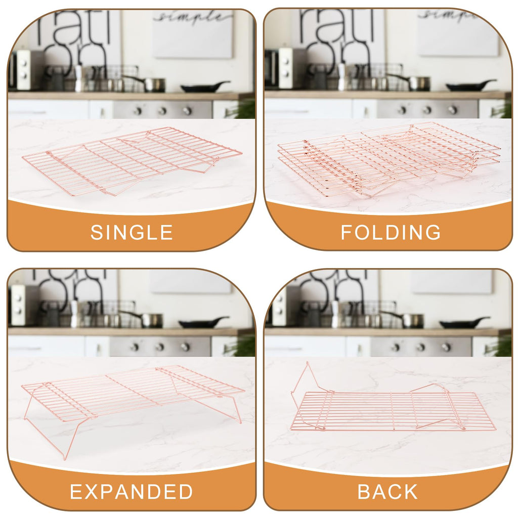 Cooling Rack for Baking 3 Tiers, 16" x 10" Cookie Cooling Wire Rack Stackable Collapsible Nonstick, Stainless Steel Baking Cooking Cooling Racks with Optimum Air Flow, Rose Gold