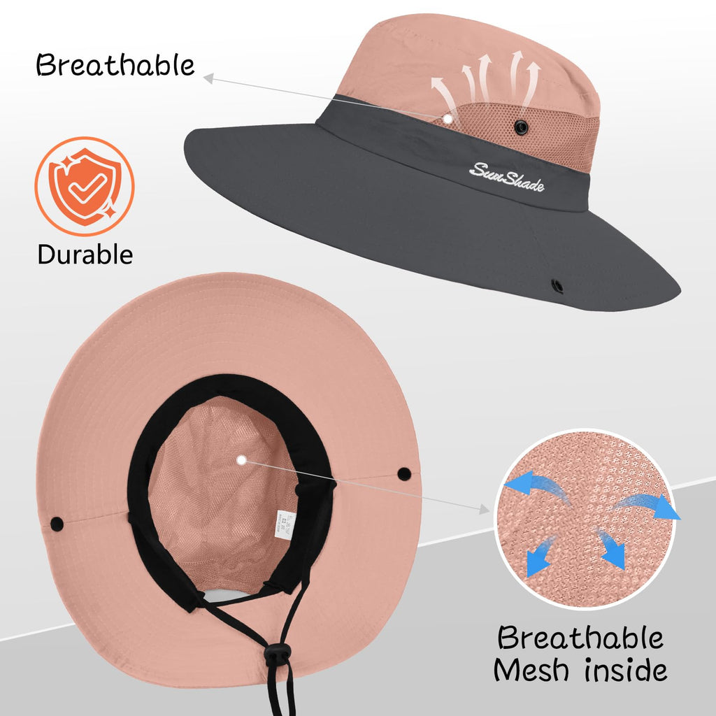 1 Pack Women's Ponytail Safari Sun Hat,Wide Brim UV Protection Outdoor Bucket Hat,Foldable Beach Summer Fishing Hat