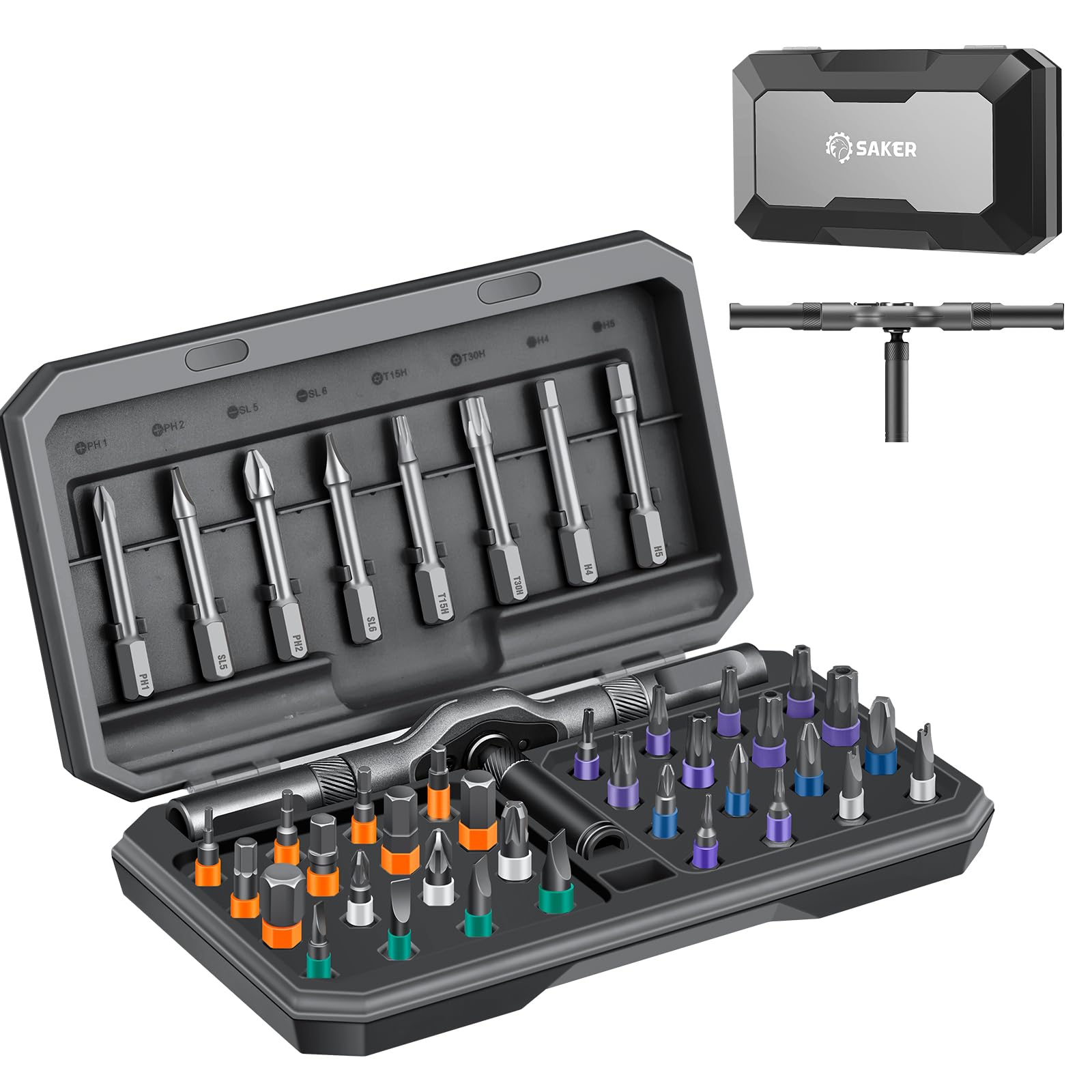 Saker 42 in 1 Magnetic Screwdriver Set, Multi Bit Free Combination Ratchet Screwdriver Set Portable Repair Tool Kit for Christmas Gifts Furniture, Computer, Bicycle and DIY Grey