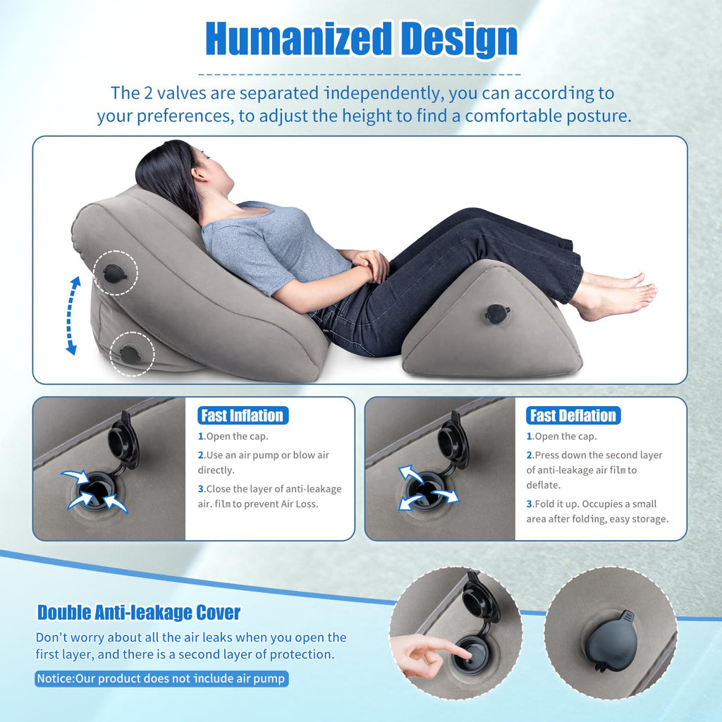 SAHEYER Inflatable Bed Wedge Pillow Set, 2 PCS Post Surgery Support Pillow for Back, Knees, Leg Pain Relief, Adjustable Sitting Pillows for Anti Snoring, Heartburn, GERD Sleeping (Gray)