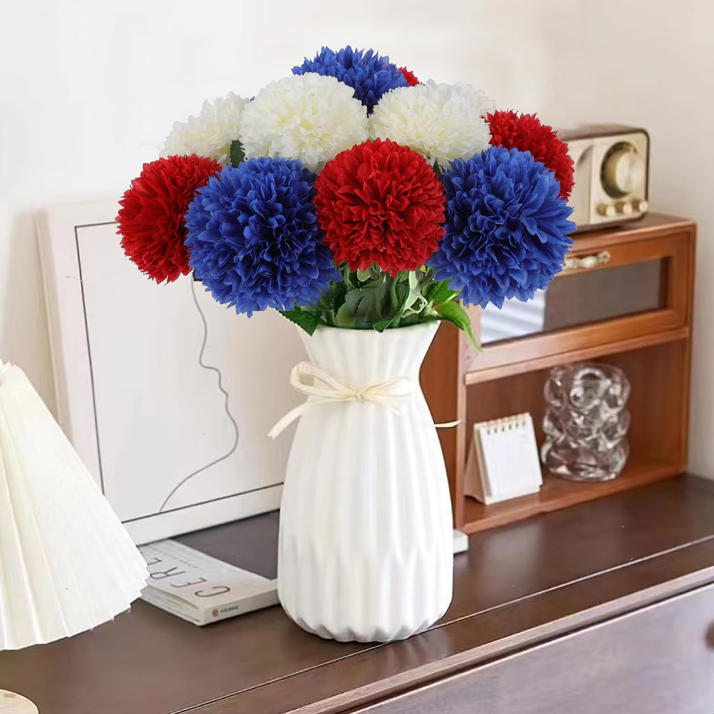 12 Pcs Artificial Chrysanthemums Flowers Patriotic Flower, 4th of July Fake Mums Flowers Silk for Home Decor Indoor Memorial Day Table Centerpiece Vase not Included (12, Red, White, Blue)