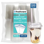 Freshware 16 oz Clear Disposable Plastic Cups with Strawless Sip Lids, 100 Pack Clear Plastic Cups Tumblers, Heavy-duty Party Glasses, Disposable Cups for Thanksgiving, Halloween, Christmas Party