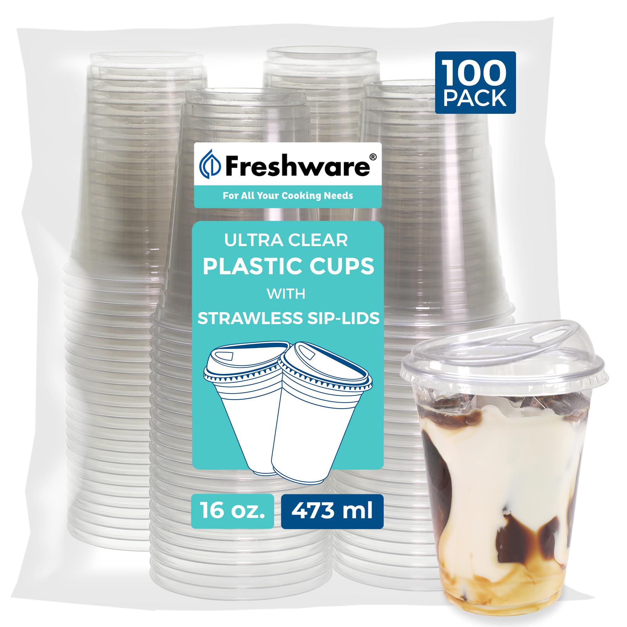 Freshware 16 oz Clear Disposable Plastic Cups with Strawless Sip Lids, 100 Pack Clear Plastic Cups Tumblers, Heavy-duty Party Glasses, Disposable Cups for Thanksgiving, Halloween, Christmas Party