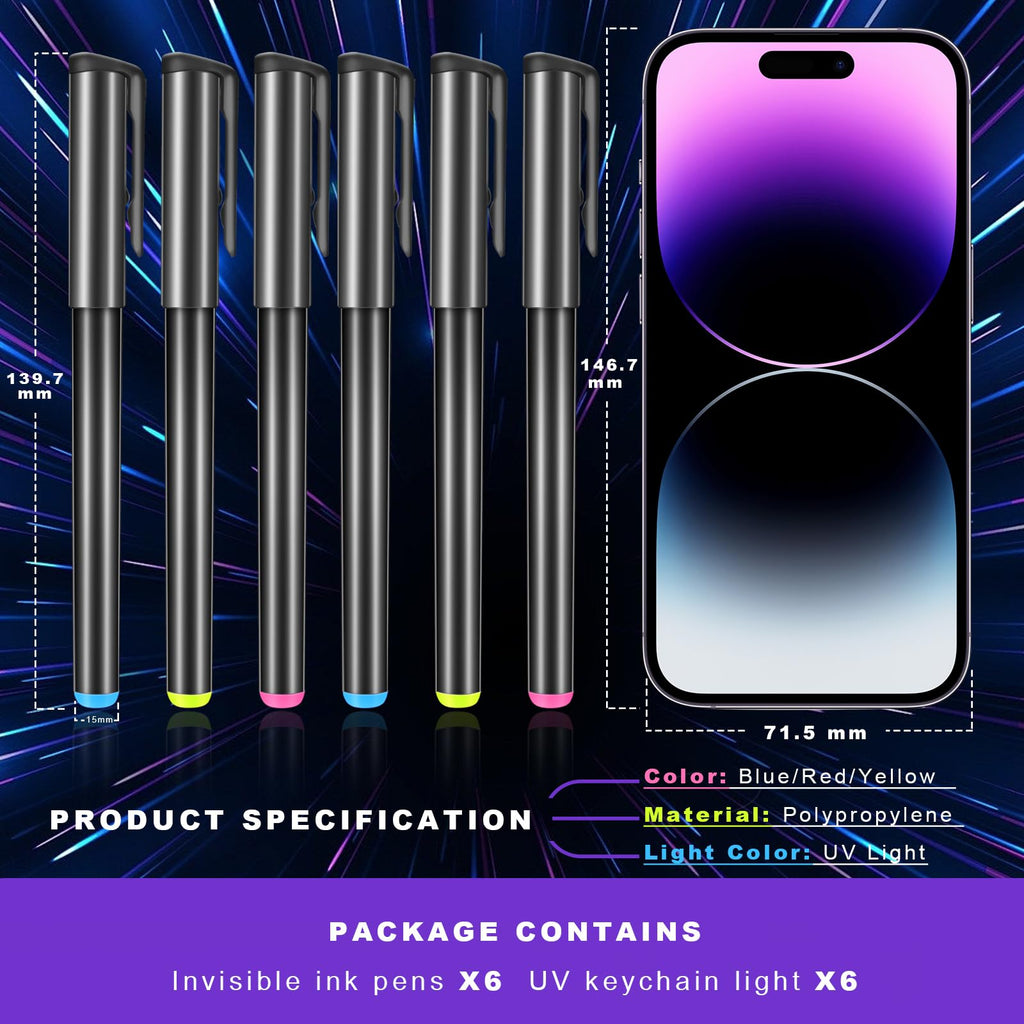 Daemson Invisible Ink Pen, Spy Pen with 6 PCS Mini UV LED Keychain Flashlight, Disappearing Ink Magic Pen with Black Light Markers for Secret Notes, Fit for Christmas Halloween Holiday Gifts (6 PCS)