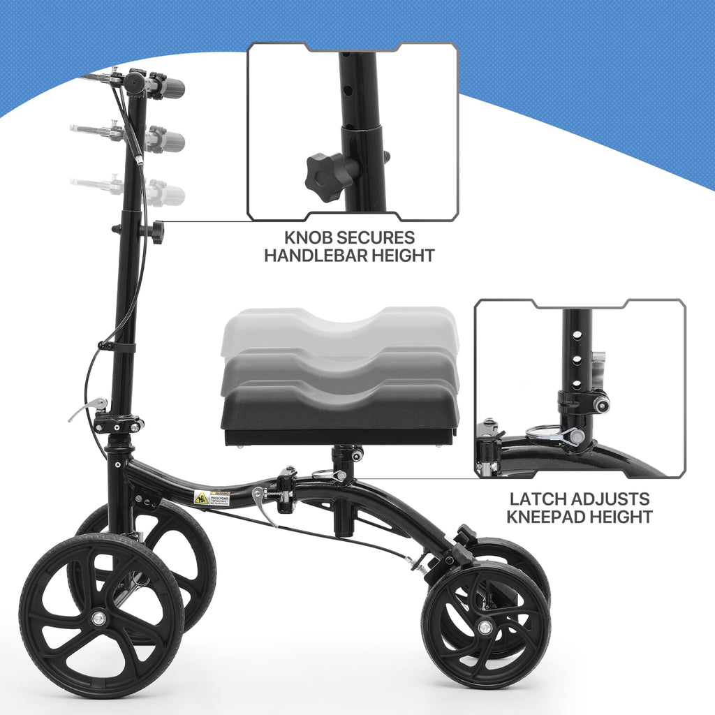 monicare Knee Walker for Adults 10" Front Wheels Steerable Medical Scooter Crutch Alternative with Dual Braking System and Removable Storage Pouch for Leg and Foot Injuries, Easy Assembly, 350lbs Load