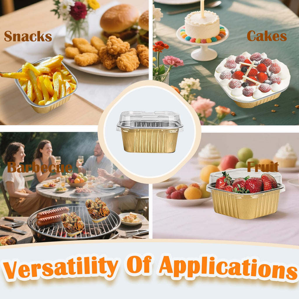50 Pcs Mini Square Baking Cups with Lids,10oz Aluminum Foil Mini Cake Pans with Lids,Disposable Ramekins Cake Pans,300ml Dessert Cups Cupcake Pans for Wedding Birthday Party,Gold