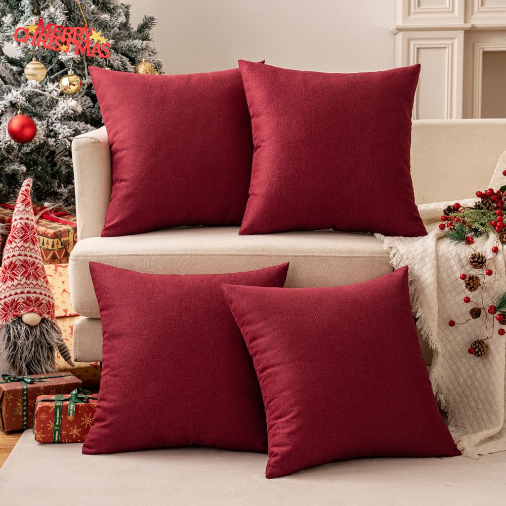 MIULEE Pack of 2 Christmas Decorative Outdoor Solid Waterproof Throw Pillow Covers Polyester Linen Garden Farmhouse Cushion Cases for Patio Tent Balcony Couch Sofa 18x18 inch Wine Red
