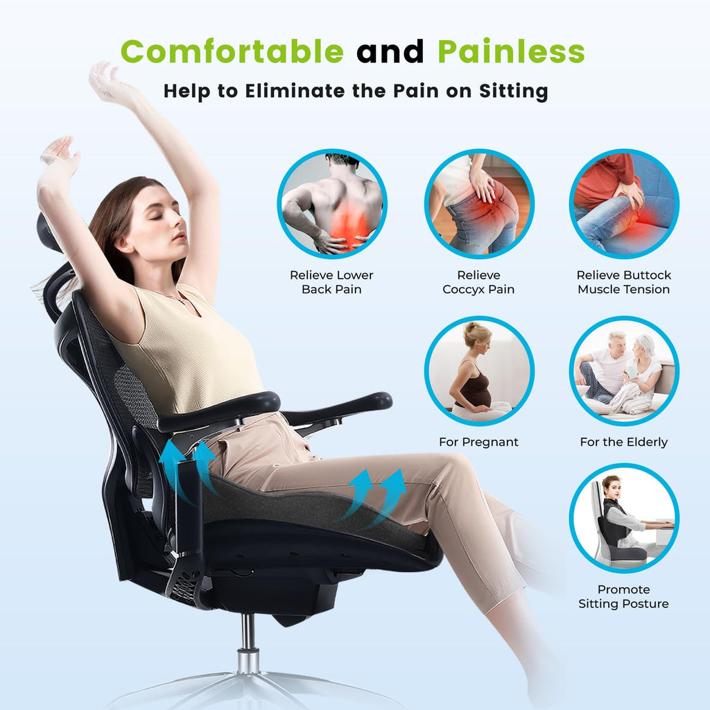 Soft Support Memory Foam Seat Cushion - Wide Cushion for Wide Hip Office Workers, Car Drivers - Sciatica,Tailbone Pain Relief,Office Chair Cushion & Car Seat Cushion (Gray)