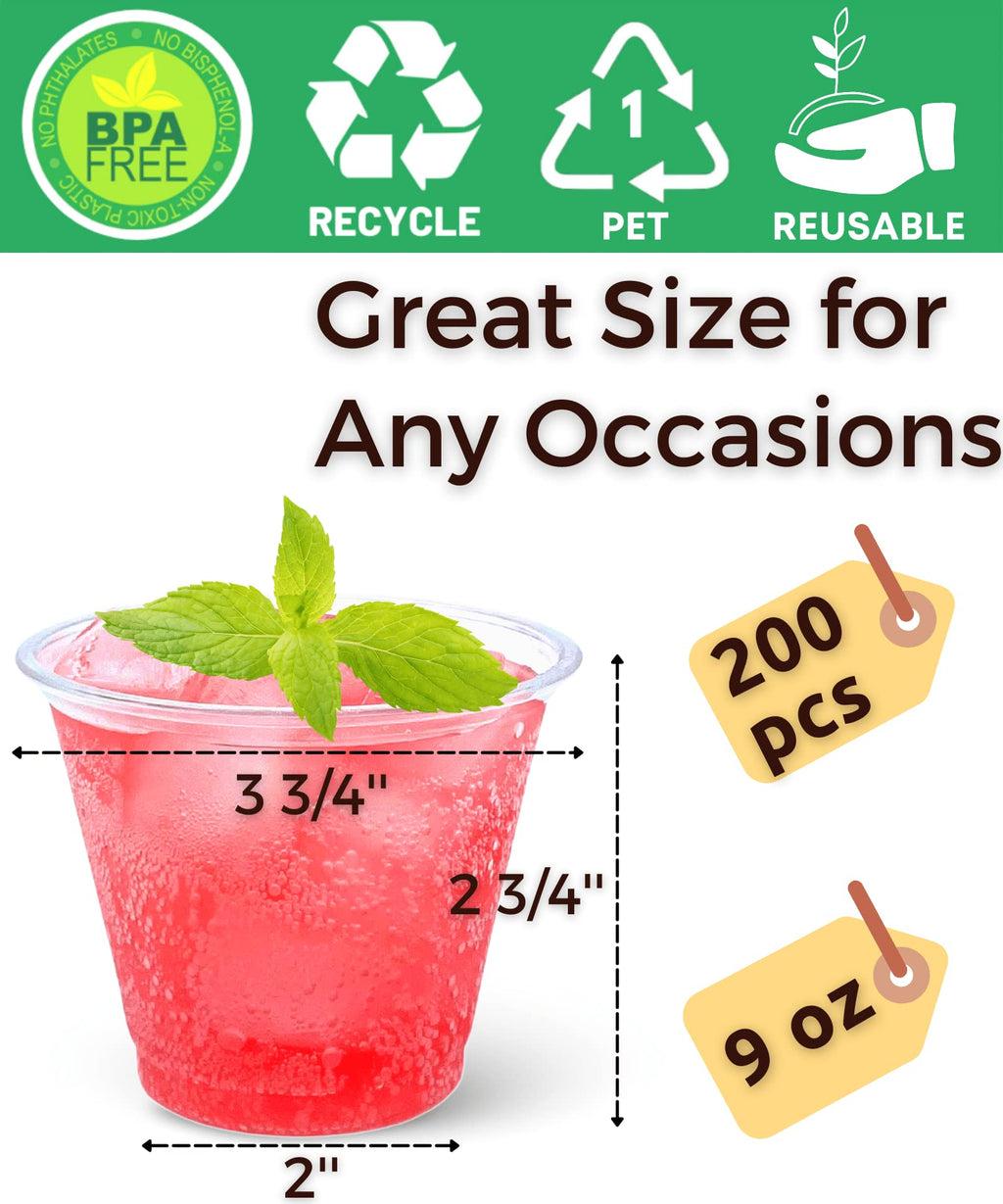 Aatriet [200 PACK] 9 oz Clear Plastic Cups, Crystal Clear Drinking Cups, Disposable Party Cups for Fruit/Ice Cream/Cupcake/Cold Drinks: Iced Coffee, Water, Juice, Soda, Frozed Cocktails