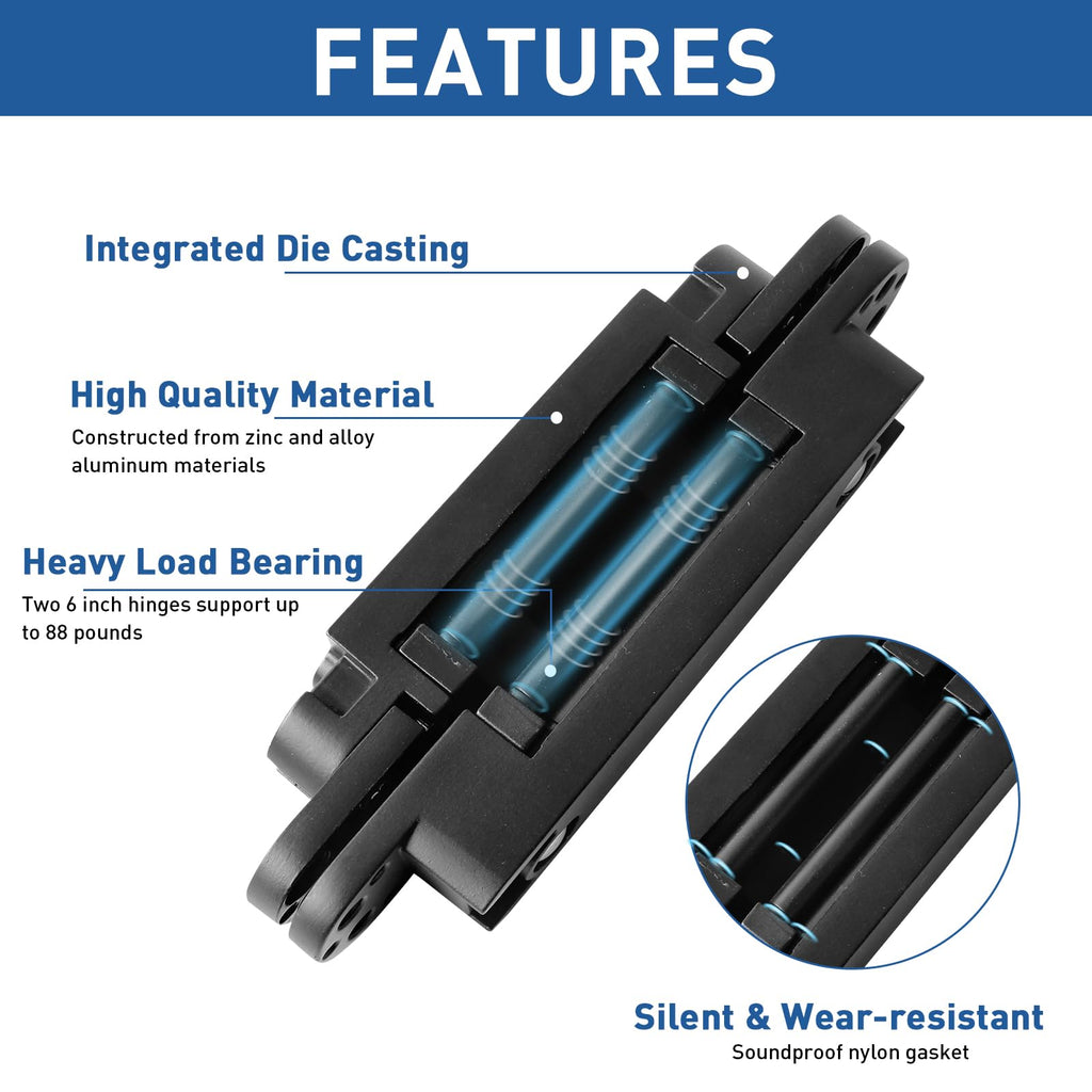 TamBee 6inch Hidden Door Hinges Invisible Hinges Concealed Hinges Zinc Alloy 180 Degree Swing Hinge 3 Way Adjustable Butt Hinge 6 x 2.5 x 1 inch Black (2 Hinges)