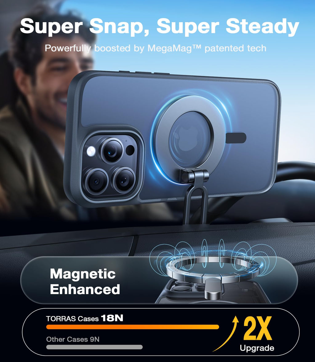 TORRAS Stronger Magnetic & Shockproof for iPhone 16 Pro Case, Military Grade Drop Protection, Compatible with MagSafe, Case for iPhone 16 Pro Case Slim, Silicone Anti-Scratch, Translucent Matte Black