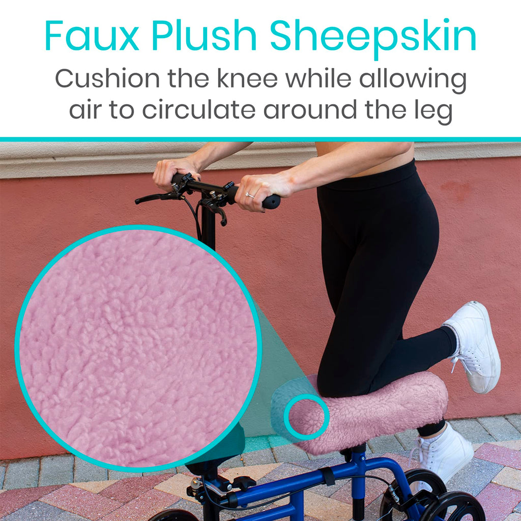 Vive Mobility Knee Scooter Pad Cover - Soft Plush Adult Sheepskin Memory Foam Cushion, Walker Accessory for Knee Roller, Padded Accessories Leg Cart Improves Comfort with Injury, Universal Fit (Pink)