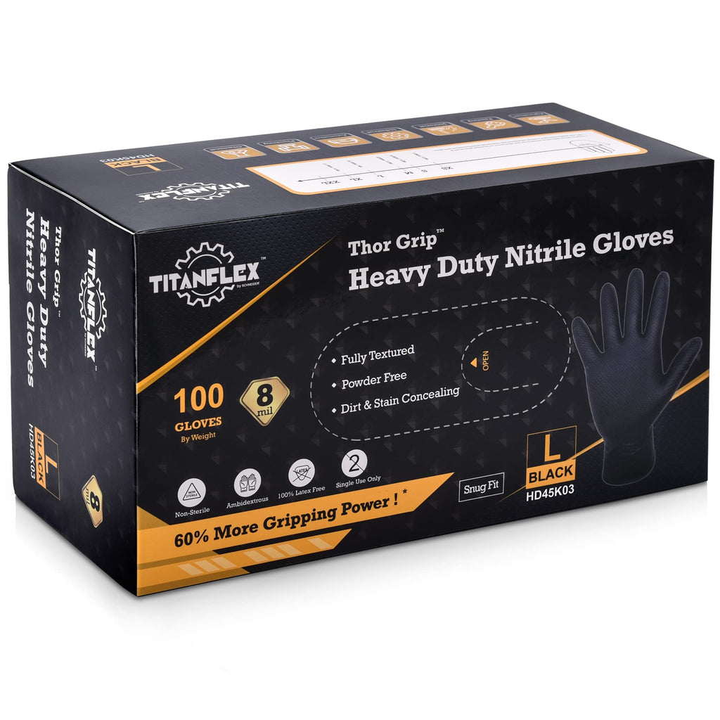 TitanFlex Thor Grip Heavy Duty Black Industrial Nitrile Gloves, 8-mil, XL, Box of 100, Latex Free, Raised Diamond Texture, Powder Free, Food Safe, Rubber Gloves, Mechanic Gloves