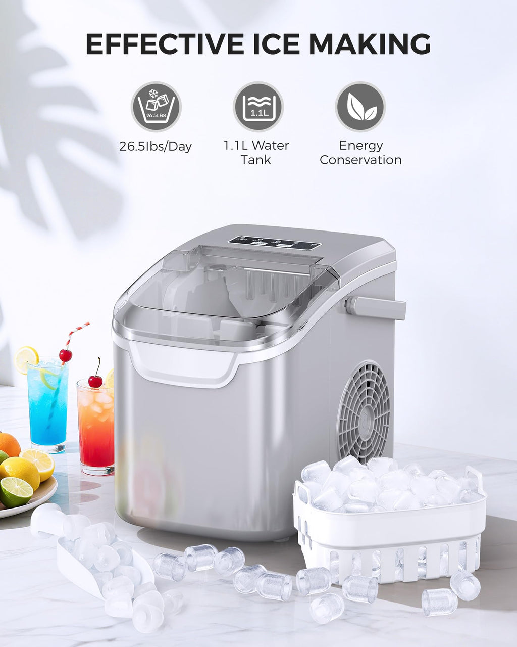 COWSAR Ice Maker Countertop, Portable Ice Machine with Self-Cleaning, 26.5 lbs/24Hrs, 8 Ice Cubes in 6 Mins, Ice Basket and Scoop, Ideal for Home, Kitchen, Bar, Camping