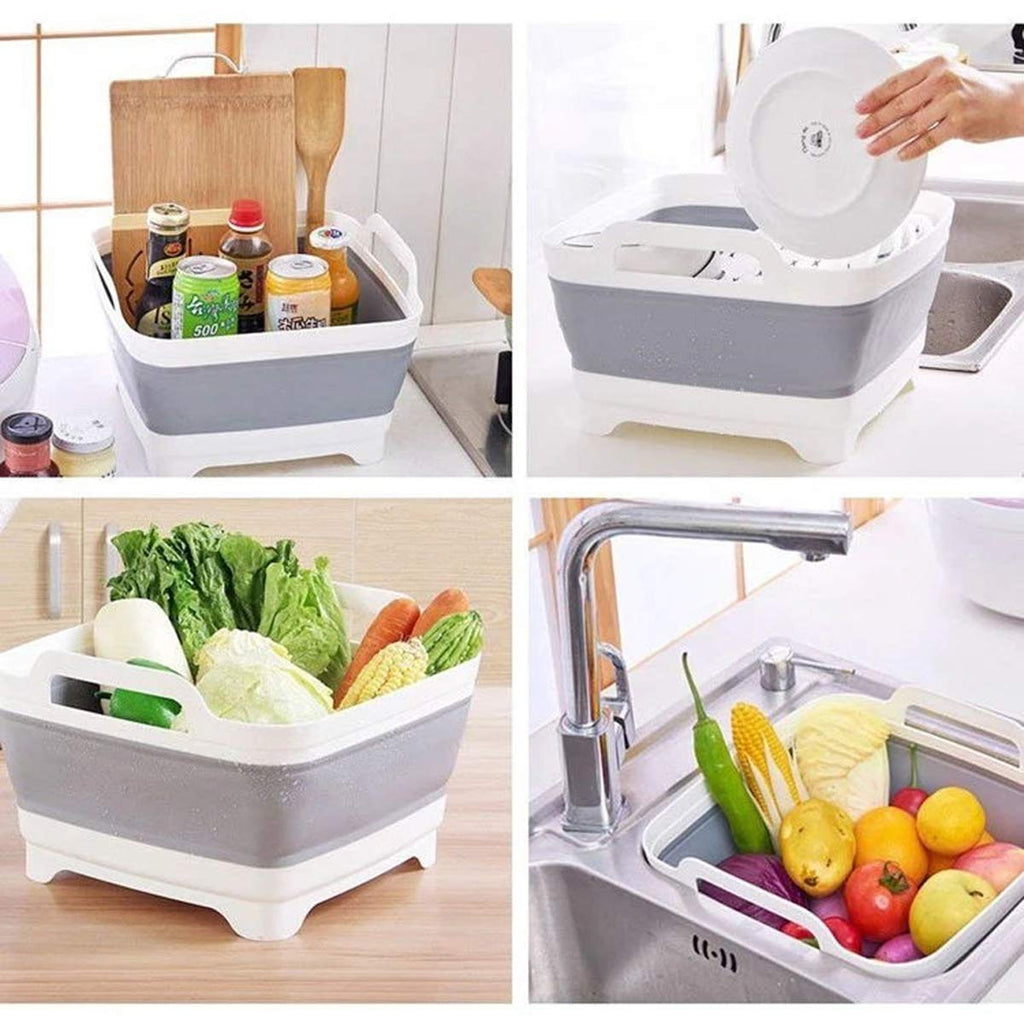 Leemeimei 9L (2.4Gal) Dish Basin Collapsible with Drain Plug Carry Handles,Kitchen Storage Tray Dish Wash Basin, Portable Dish Tub, Foldable Dishpan for Camping,RV,Gray