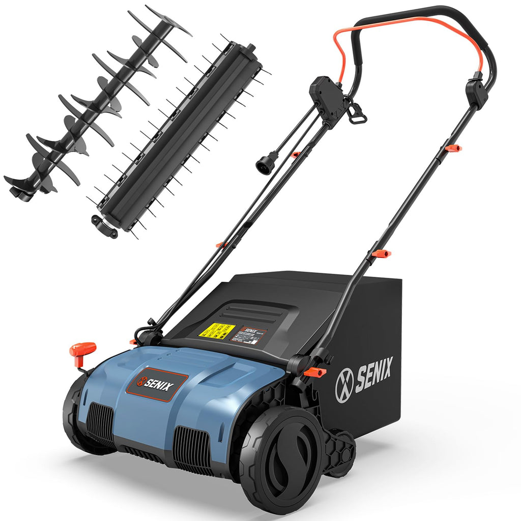 SENIX 13 Amp 15-Inch 2-in-1 Electric Dethatcher and Scarifier with 13.2-Gal Collection Bag,4-Position Depth Adjustment,Walk Behind for Lawn Garden Care Removing Thatch,Quick-Fold(SCE13-M)