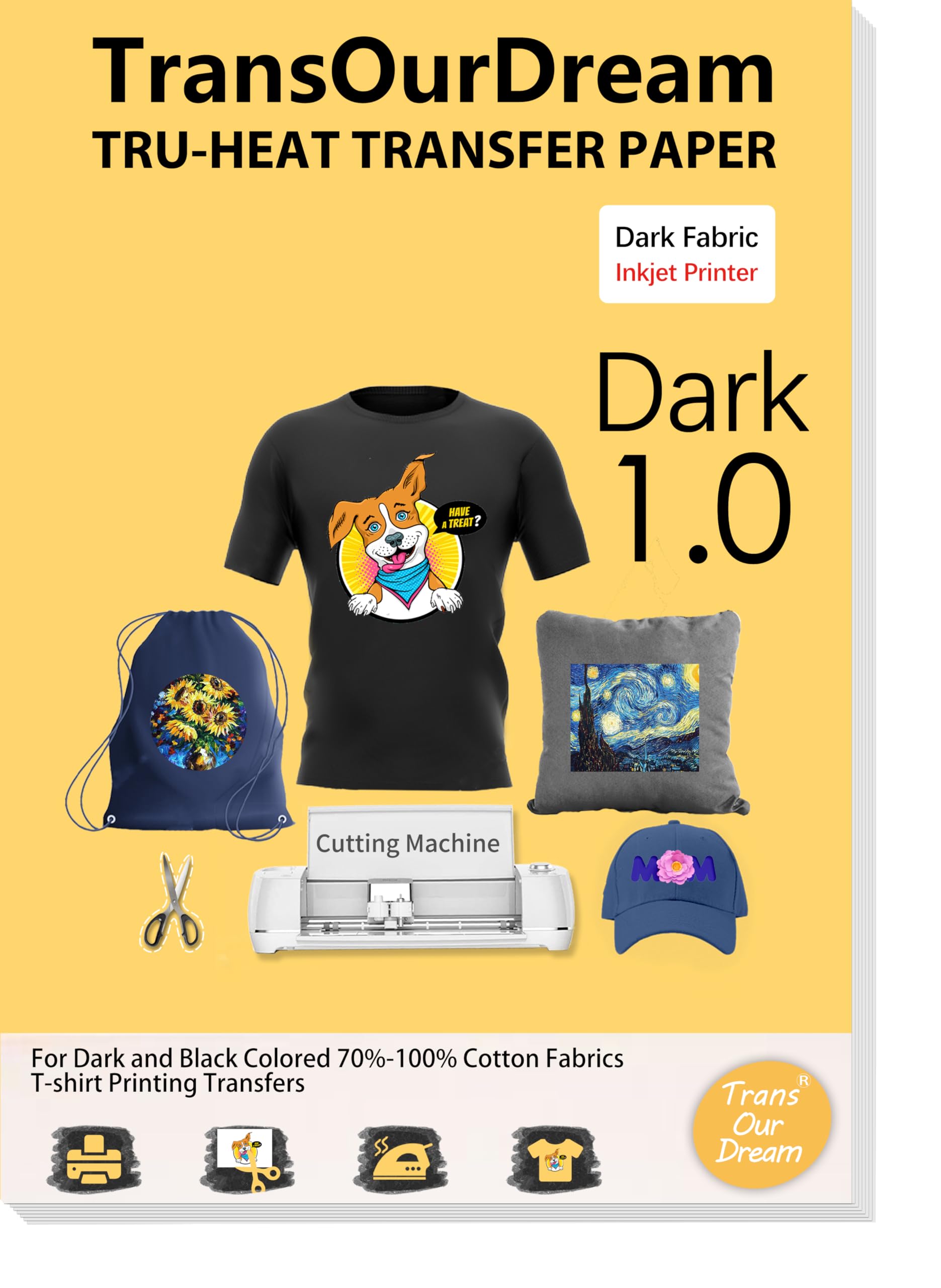 TransOurDream Heat Transfer Paper for Dark T Shirts(20 Sheets, 8.5x11),Printable HTV Heat Transfer Vinyl for Inkjet Printers