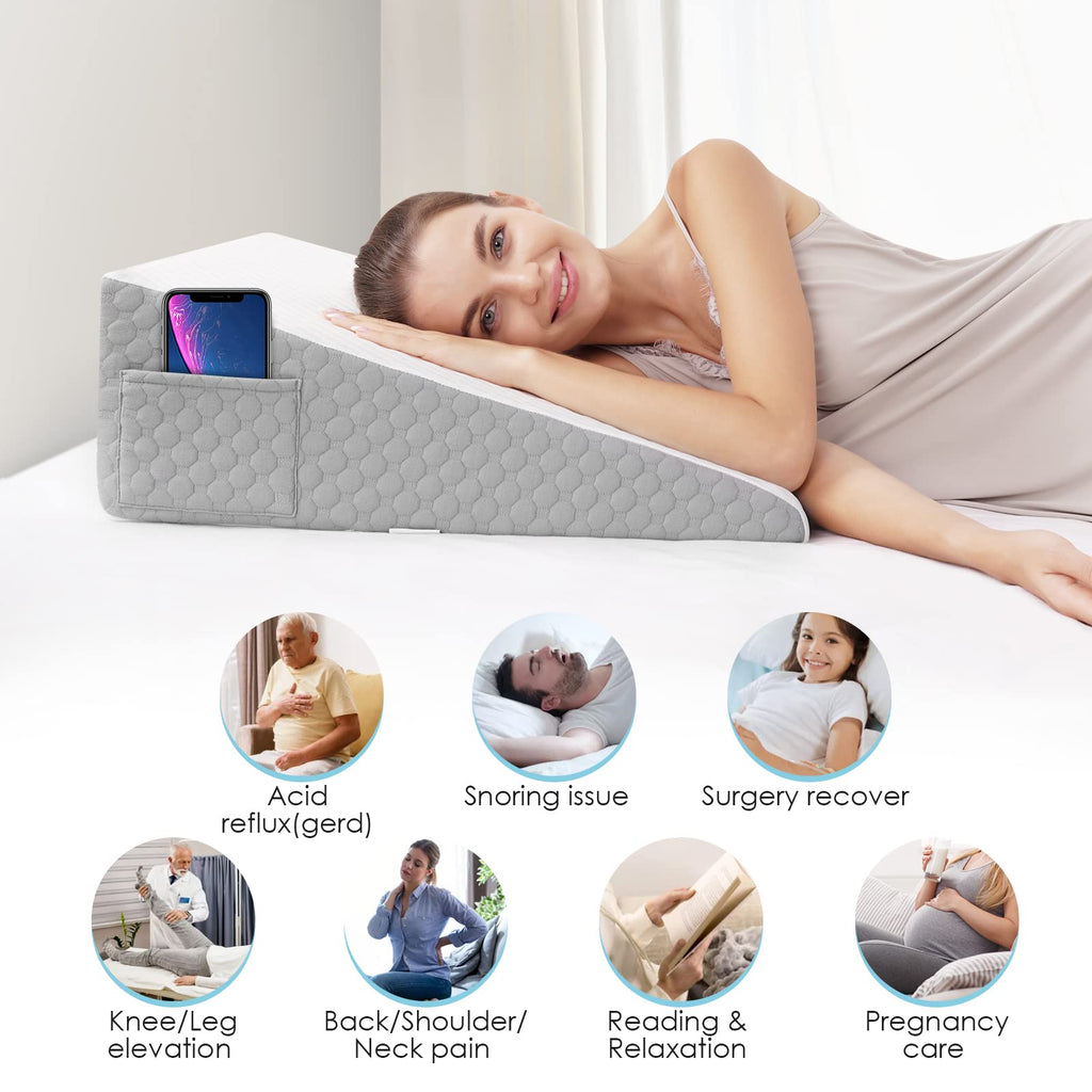 Forias 7.5" Wedge Pillow for Sleeping Bed Wedge Pillow for After Surgery Triangle Elevated Pillow Wedge for Acid Reflux Gerd Snoring Back Pain, Air Layer Removable Machine Wash Cover | Memory Foam Top