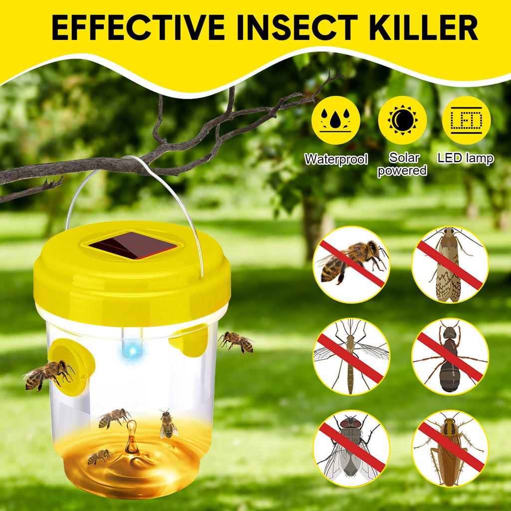 Wasp Trap Solar Powered Bee Trap Reusable Fly Traps Outdoor Hanging Wasp Killer with UV LED Light Flying Insects Bee Killer for Indoor Outdoor Patio Garden Home(Yellow,6 Packs)