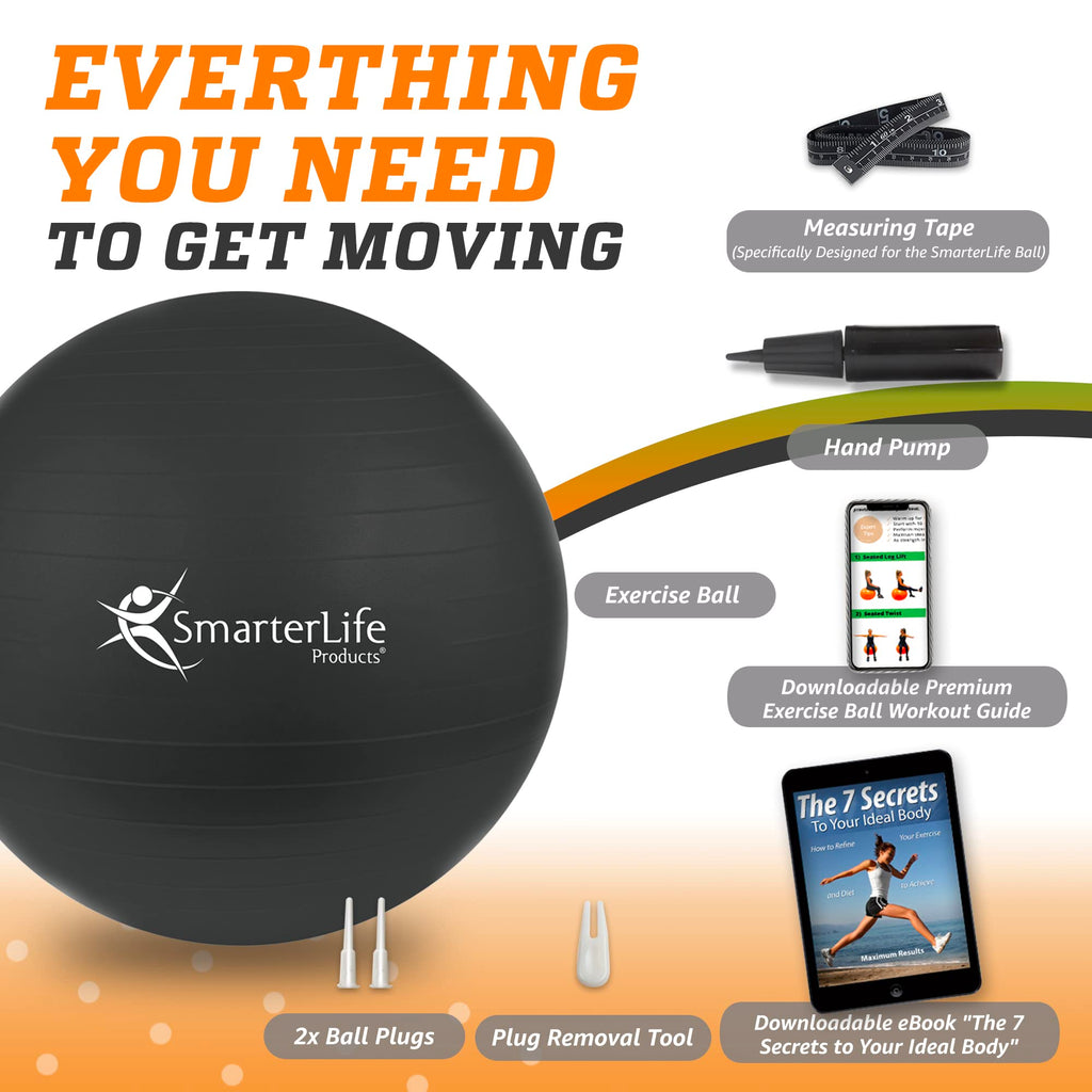 SmarterLife Workout Exercise Ball for Fitness, Yoga, Balance, Stability, or Birthing, Great as Yoga Ball Chair for Office or Exercise Gym Equipment for Home, Non-Slip Design (65 cm, Black)