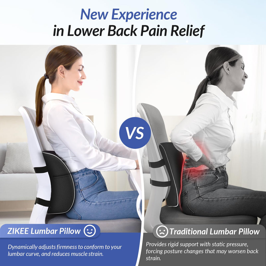 ZIKEE Airbag Lumbar Support Pillow for Office Chair and Car Seat, Adjustable Memory Foam Lumbar Pillow for Contoured Lower Back Support & Pain Relief, Lower Back Cushion with Dual Straps & Airy Fabric