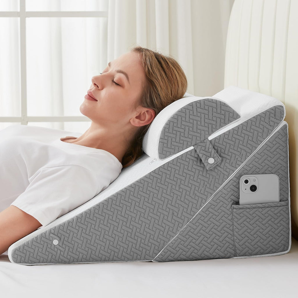 Sasttie Wedge Pillow for Headboard, Adjustable Bed Wedge Pillow Set with Orthopedic Memory Foam Neck Cushion – for Acid Reflux, Neck & Back Support, and Post-Surgery Recovery, White and Dark Grey