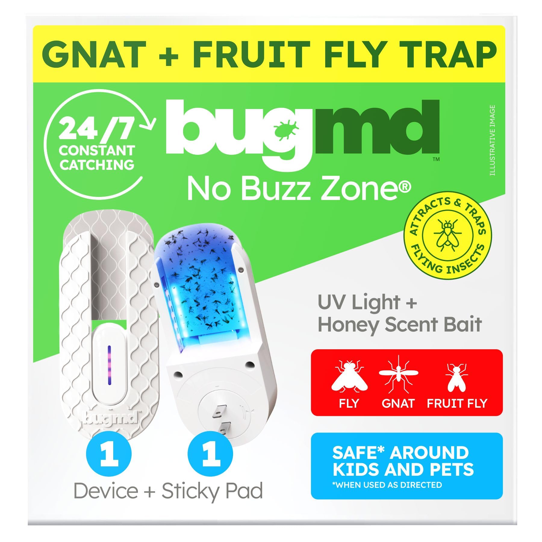BugMD No Buzz Zone Fruit Fly Traps for Indoors with Honey Scent Bait & UV Light – Gnat Traps for House Indoor, Plug in Fly Trap Indoor, Bug Zapper Alternative, Mosquito Trap for Home