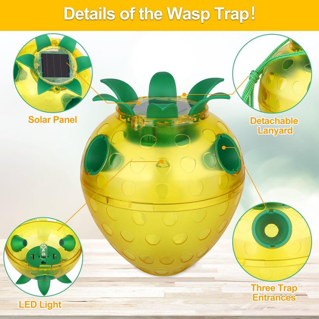 Solar Wasp Traps Outdoor Hanging, 2024 New Upgrade Yellow Jacket Wasp Catcher for Trapping Hornet, Non-Toxic Reusable Wasp Catcher for Outdoors Trapping Wasp with LED Light (Yellow, 2 Pack)