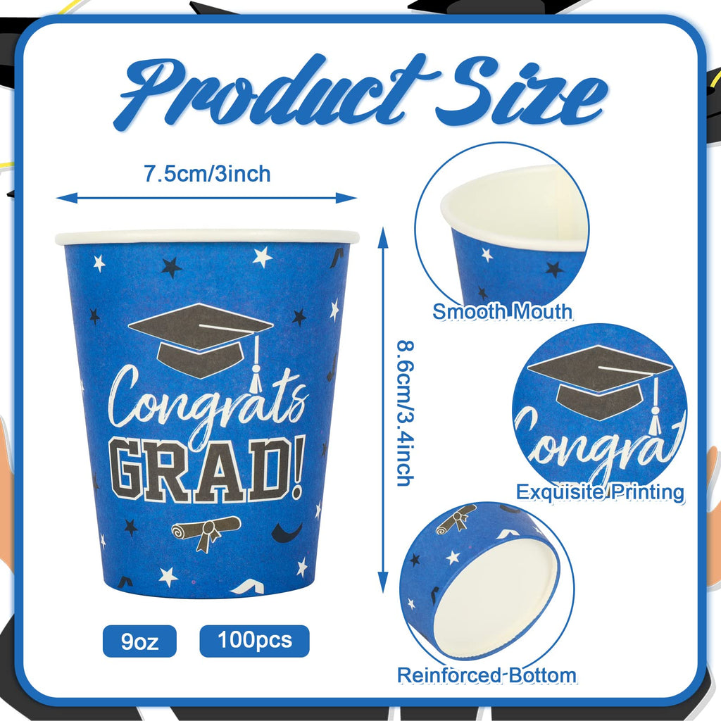 Whaline 100Pcs Graduation Disposable Cups Class of 2024 Congrats Grad Paper Cups Graduation Hat Stars Graduation Party Drinking Cups for Hot Drinks Cold Beverage Graduation Party Supplies, 9 Oz