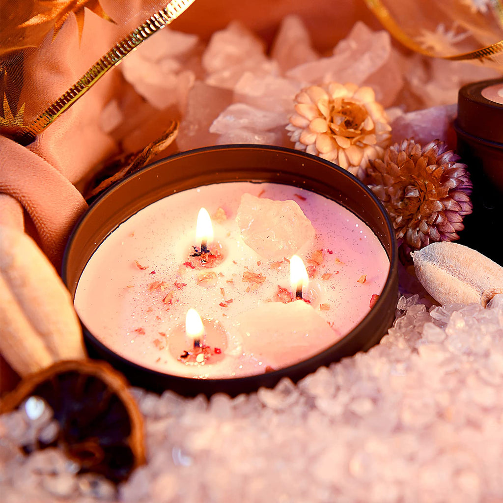 Inspireyes Scented Candle Set with Crystal, 19 oz 3 Wick Candle, Manifestation Candle with Large Energy Stones, Large Tin of Soy Aromatherapy Meditation Candles, Spiritual Gifts for Women