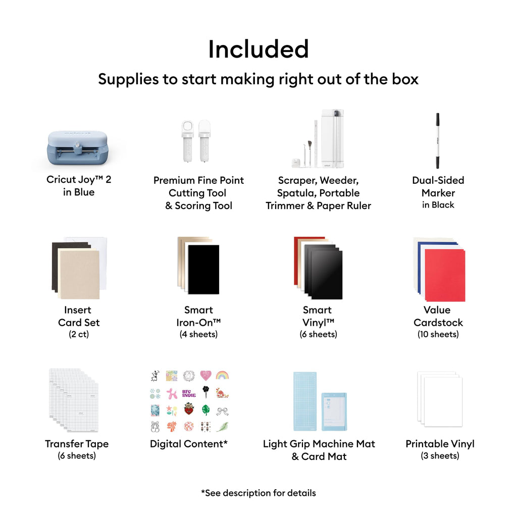 Cricut Joy™ 2 Essential Bundle + Digital Content, Blue - Ultra-Compact Cutting Machine - Perfect for Making Cards, Stickers, Labels, & More - Includes Supplies for 35 Projects + Bonus Digital Content