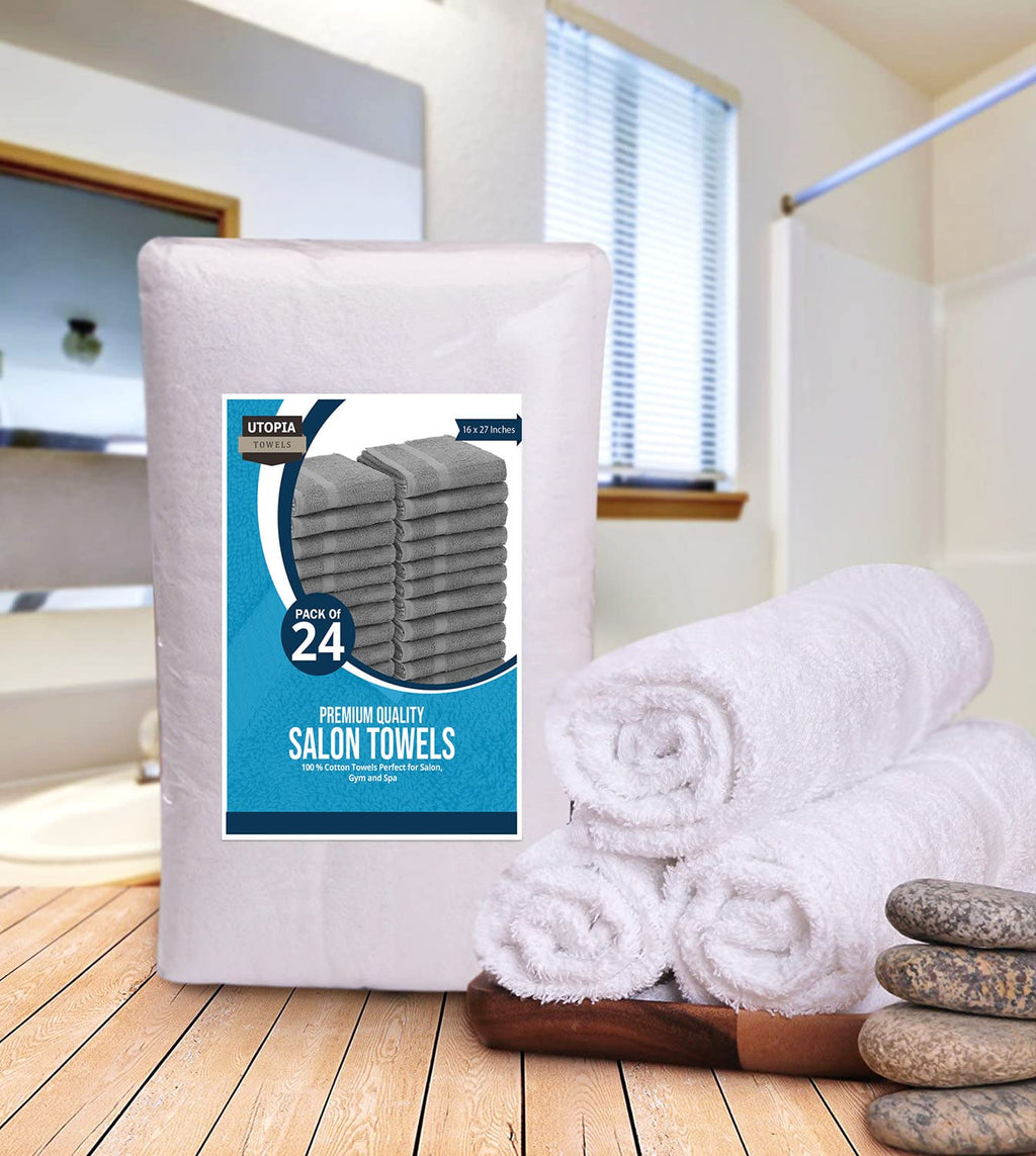 Utopia Towels - Salon Towel, Pack of 24 (Not Bleach Proof, 16 x 27 Inches) Highly Absorbent Cotton Towels for Hand, Gym, Beauty, Spa, and Home Hair Care, White