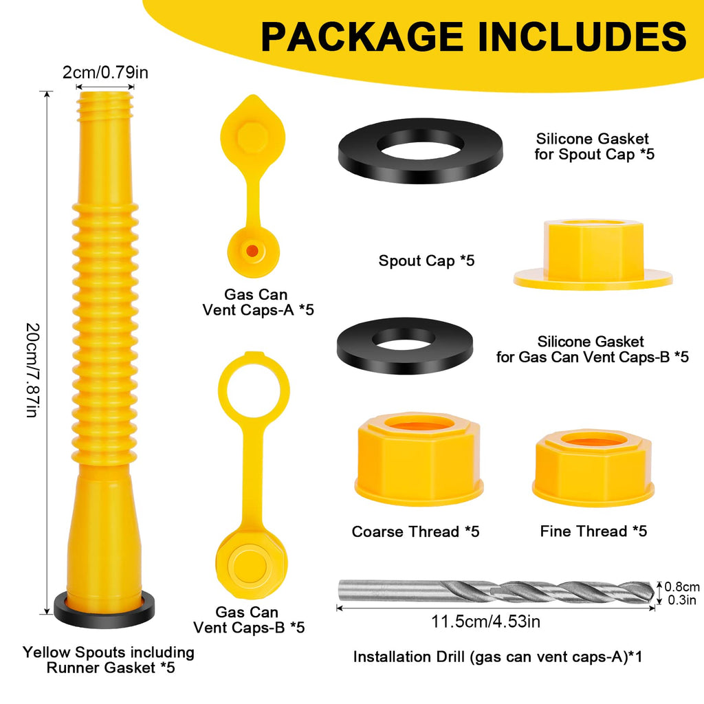 Godboy Gas Can Spout Replacement, Gas Can Nozzle, (5 Kit-Yellow) Flexible Pour Nozzle Suitable for Most 1/2/5/10 Gal Oil Cans, Fuel Can Spout Replacement