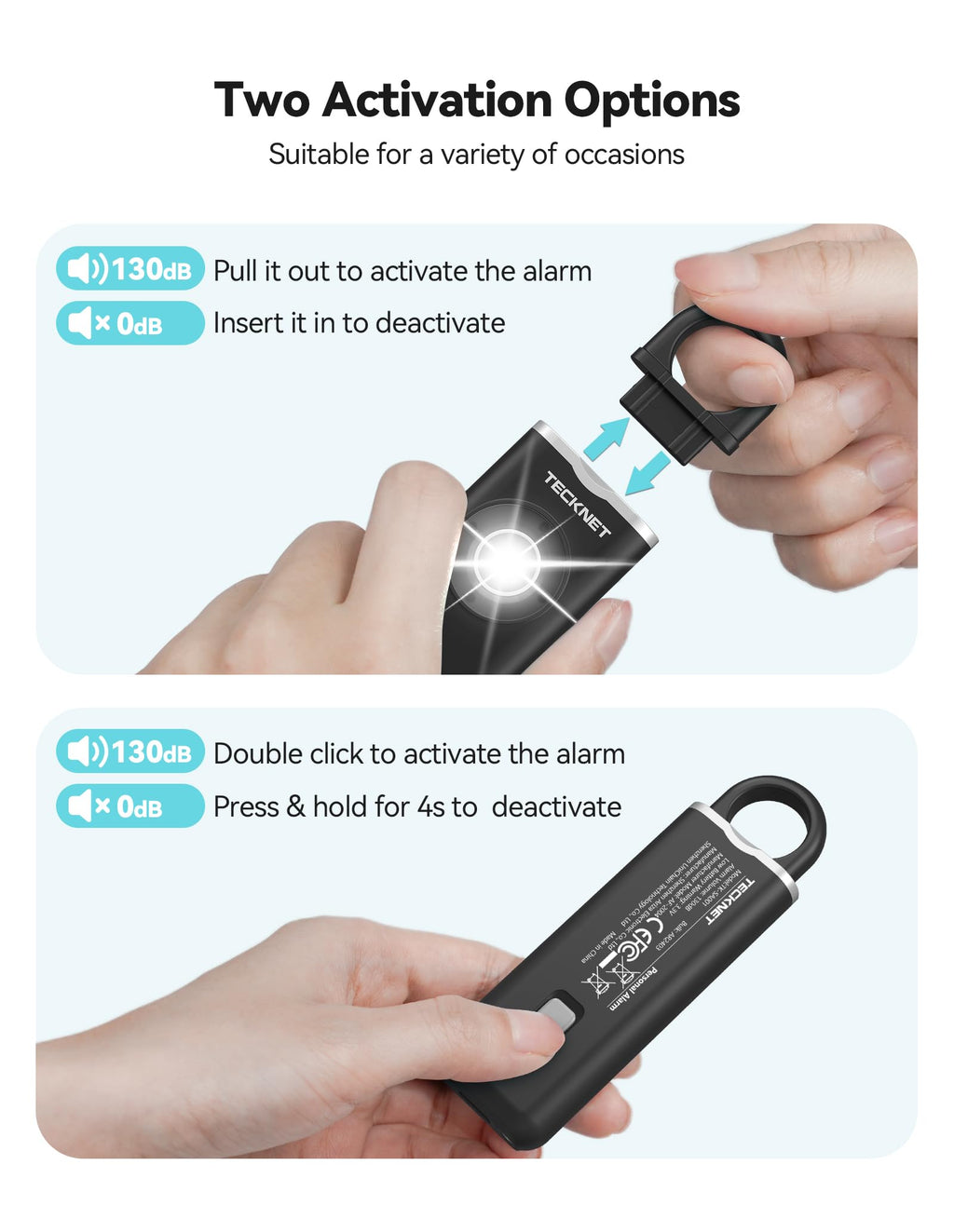 TECKNET Rechargeable Personal Safety Alarm for Women, 130dB Self Defense Keychain Alarm with SOS Strobe Light, Low Battery Notice, Personal Alarm Loud Siren Safety Keychain for Girls Kids Elderly