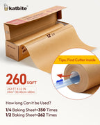 Unbleached Parchment Paper Roll for Baking 12in x 262ft, 260 Sq.Ft, Heavy Duty & Non-stick Baking Paper with Slide Cutter, Brown Parchment Paper for Cooking, Air Fryer, Steaming, Bread