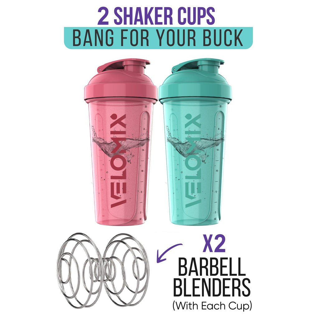 VELOMIX -2 Pack- 28 oz Protein Shaker Bottles for Protein Mixes - 2x Wire Whisk | Leak Proof Shaker Cups for Protein Shakes | Protein Shaker Bottle Pack | Shakers for Protein Shakes-Pink&Turquise