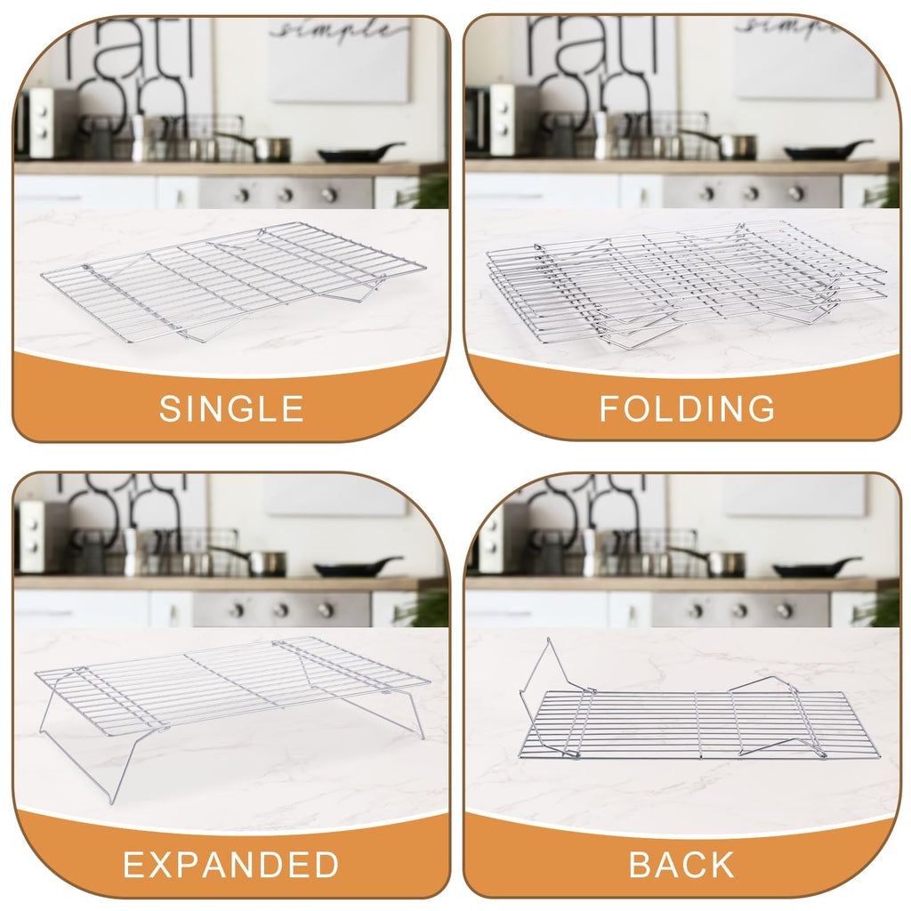 Cooling Rack for Baking 3 Tiers, 16" x 10" Cookie Cooling Wire Rack Stackable Collapsible Nonstick, Stainless Steel Baking Cooking Cooling Racks with Optimum Air Flow, Silver