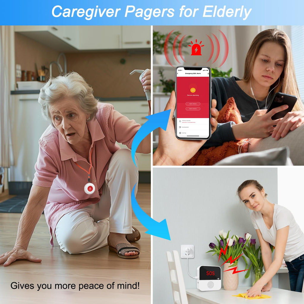 WiFi Rechargable Smart Wireless Caregiver Pager Call Button System Nurse Calling Alert System for Elderly Patient Seniors Disabled Kids 2 SOS Panic Buttons 1 Receiver (only Supports 2.4GHz Wi-Fi)