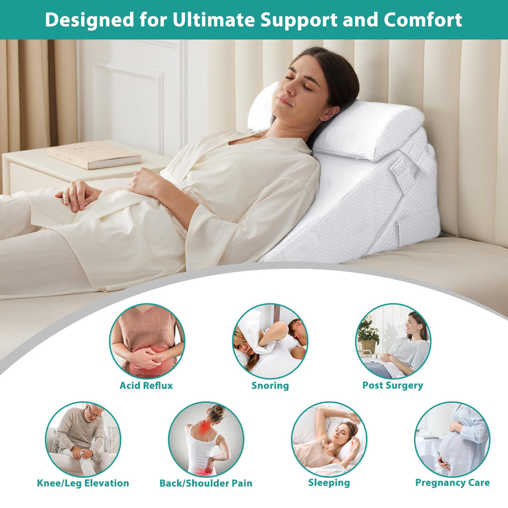 Bedluxe 3Pcs Orthopedic Bed Wedge Pillow Set, Foam Wedge Pillow Post Surgery for Back, Leg and Knee Support, Adjustable 9&12 Inch Folding Triangle Pillow for Sleeping, Acid Reflux, Snoring, White