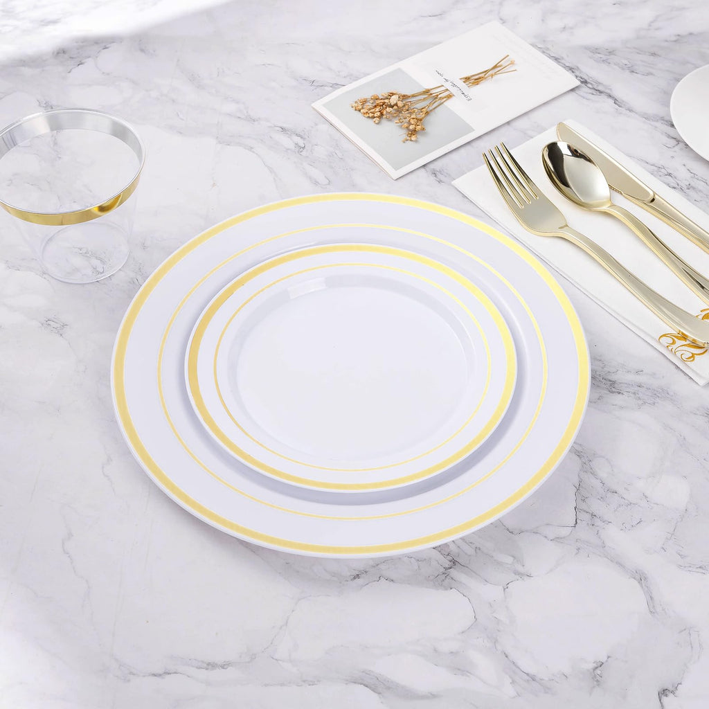BESTVIP 50PCS Gold Plastic Plate, Disposable Party Plates with 25 Dinner Plates and 25 Dessert Plates, Plastic Plates for Party, Wedding and Birthday