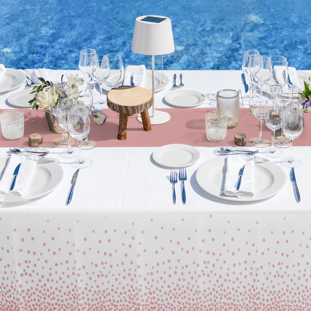 MASHAN 24 Pack White and Rose Gold Tablecloth Set - Rectangular PEVA Tablecloths and Satin Table Runners for Wedding, Baby Shower, Anniversary, Christmas, New Year Party