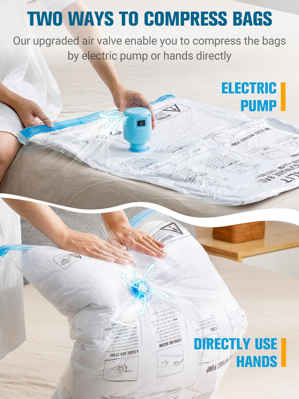 Vacuum Storage Bags with Electric Air Pump, New Air Valve 15 Pack (3 Jumbo, 3 Large, 3 Medium, 3 Small, 3 Roll Up Bags) Space Saver Bag, Vacuum Sealer Bags for Clothes, Pillows, Comforters, Travel