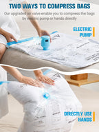 Vacuum Storage Bags with Electric Air Pump, New Air Valve 15 Pack (3 Jumbo, 3 Large, 3 Medium, 3 Small, 3 Roll Up Bags) Space Saver Bag, Vacuum Sealer Bags for Clothes, Pillows, Comforters, Travel