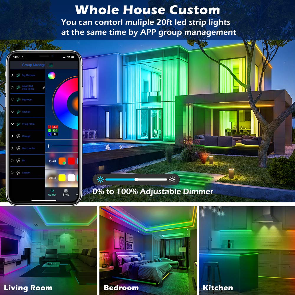 Led Strip Lights,20ft Led Light Strips Music Sync Color Changing RGB Led Strip Built-in Mic,Bluetooth App Control LED Rope Lights with Remote,5050 RGB Led Lights for Bedroom,Home,TV,Party,Christmas