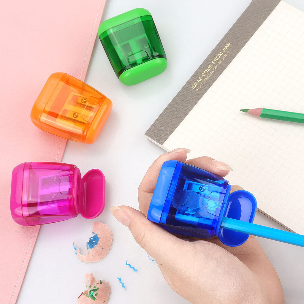 4 Pack Double Holes Pencil Sharpener Manual Sharpeners with Lid for Kids, School, Office, Home(Blue, Green, Orange, Rose)