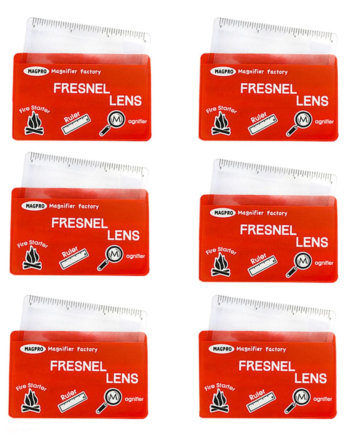 MAGDEPO 6 Pack Credit Card Size Magnifier Ruler Fresnel Lens Fire Starter Compact Plastic Magnifying Lens Wallet Pocket Magnifier for Reading Small Print, Maps, and Books - Red