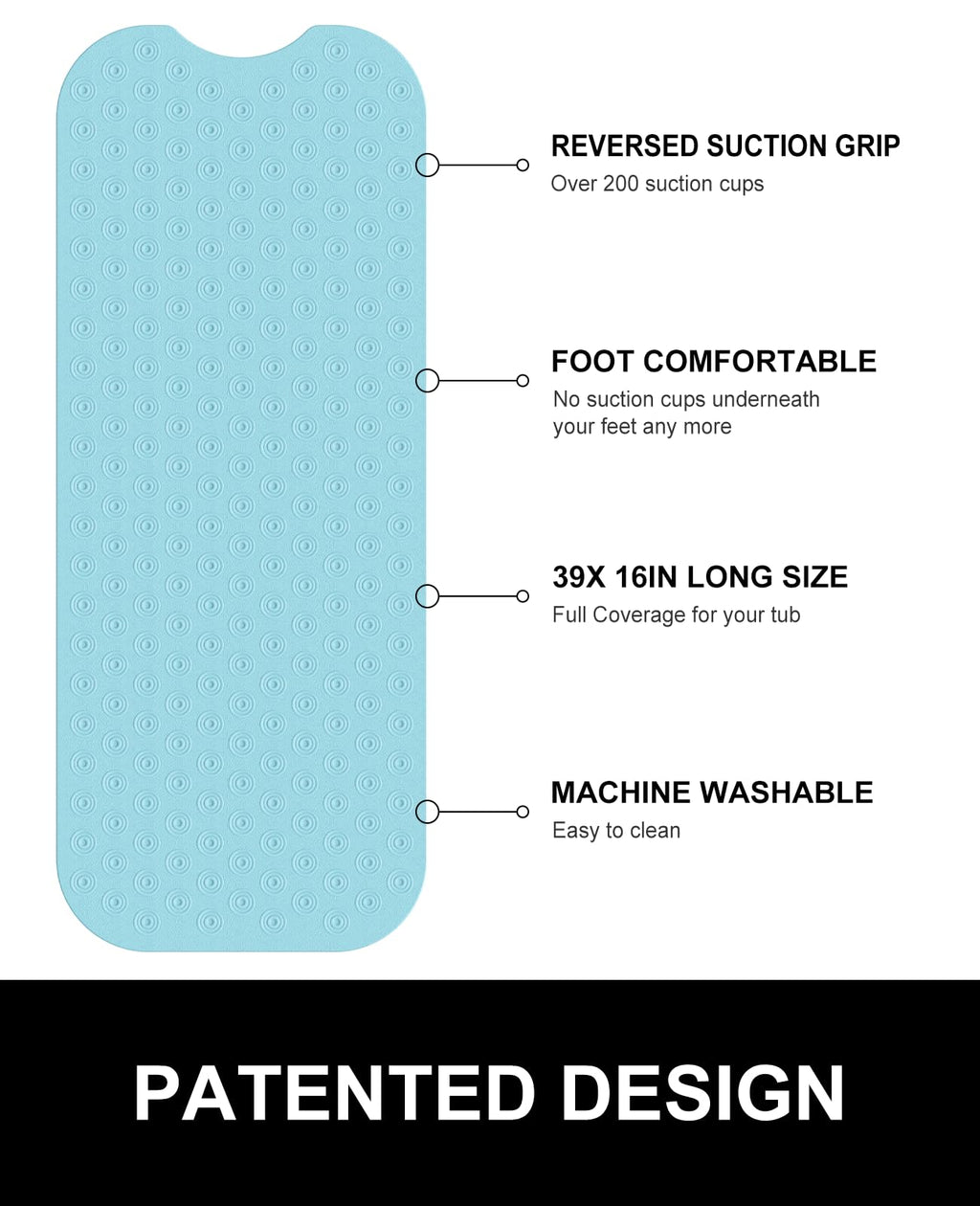 OTHWAY No Suction Cup Bath Mat: 39x16inch Extra Long Bathmat│Perfect for Refinished or Ordinary Bath Tubs│Made of Nature Rubber│a Blessing for The Elderly and Children (Lake Blue)