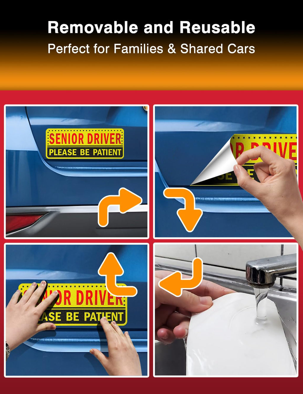 5-Pack Senior Driver Stickers (Non-Magnetic) – Promotes Road Safety for Elderly Drivers, Reusable, Reflective, Paint-Safe Decals for Car Bumper and Windows