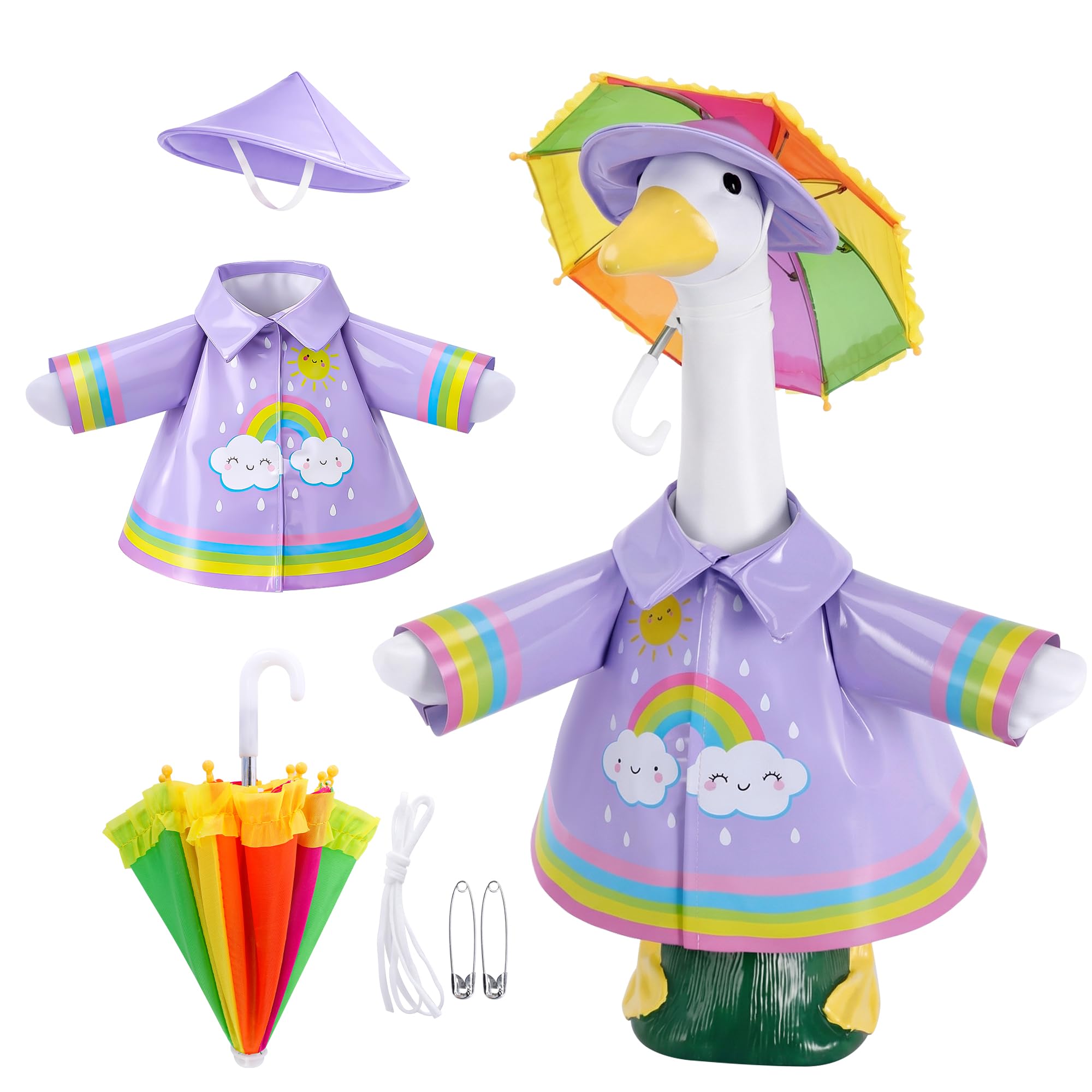 DECOHS 3 Pcs/Set Raincoat Porch Goose Outfits, Summer Lawn Goose Statue Raincoat Costume, Yard Goose Clothes Raincoats Umbrella Hat Outfit for 23" Statue Patio Garden Decoration (Purple Rainbow)